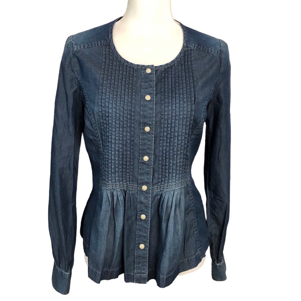 Lucky Brand Denim Pearl Snap Peplum Puff Sleeve Pin tucked Top Size Small